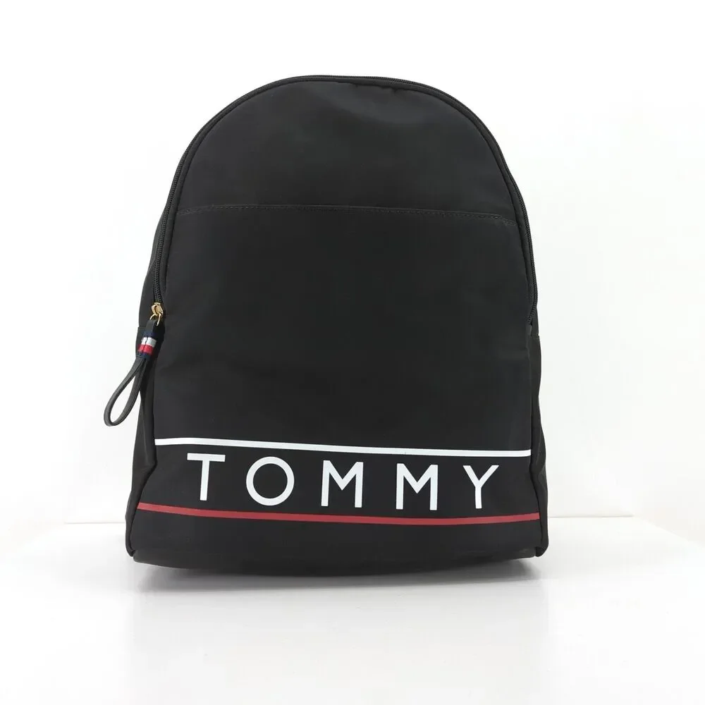 TOMMY HILFIGER Nylon Backpack Black Logo Zip School Academia Preppy Logo NEW